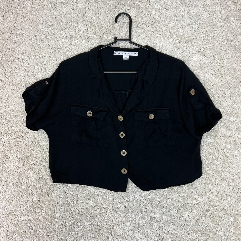 Hyfve Hyfve Hyfve Blouse Women Small Black V-Neck Cropped Short Sleeve Summer